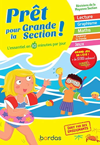 Educational workbook cover with children playing on a beach, titled "Prêt pour Grande Section!".
