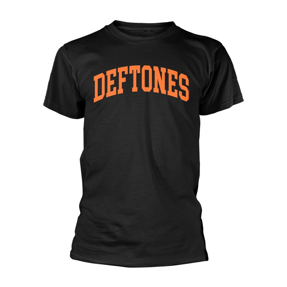 Black t-shirt with orange arched "DEFTONES" text on the chest.
