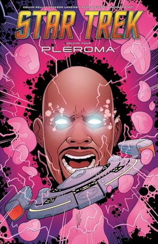 Star Trek comic cover featuring a man with glowing eyes and a spaceship.