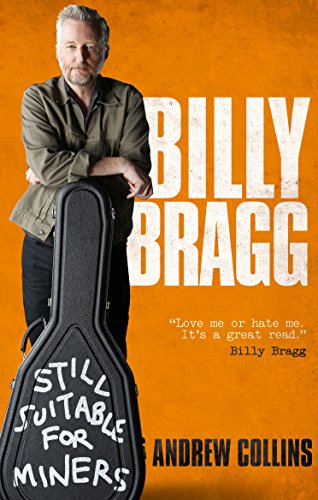 Book cover featuring Billy Bragg with a guitar case, orange background.