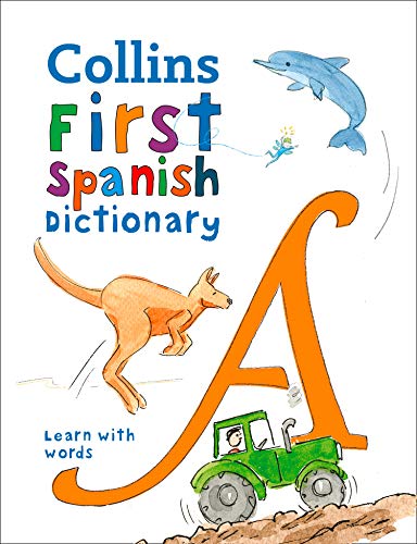 Children’s Spanish dictionary cover with illustrations of animals and a tractor.