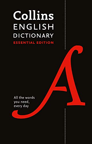 Black book cover with white text reading Collins English Dictionary and a large red A.