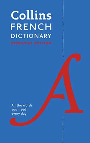 Blue cover of Collins French Essential Dictionary with a large red "A".