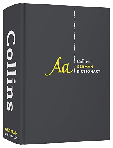 Black Collins German dictionary with gold lettering and a stylized "Aa" symbol.