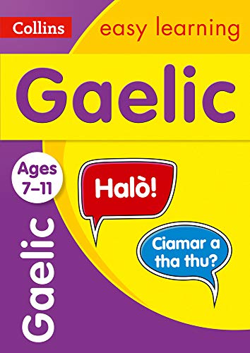 Gaelic language learning book cover for ages 7-11 with speech bubbles.