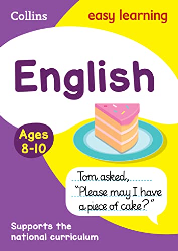 Collins Easy Learning English workbook for ages 8-10 with cake illustration.
