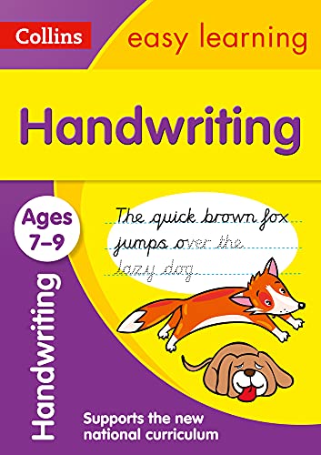 Colorful handwriting practice book for ages 7-9 with fox and dog illustration.
