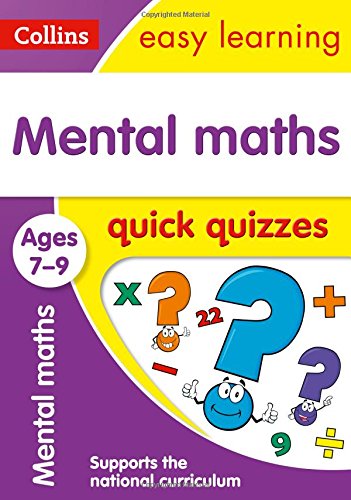 Purple and yellow maths quiz book for ages 7-9 with cartoon numbers.