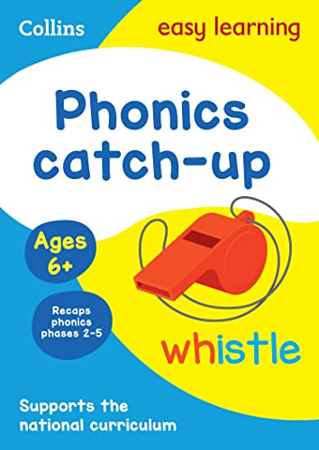 Bright blue and yellow phonics activity book with a red whistle illustration.