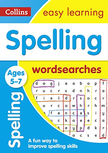 Book cover: "Spelling Wordsearches" for ages 5-7, with a word search puzzle.