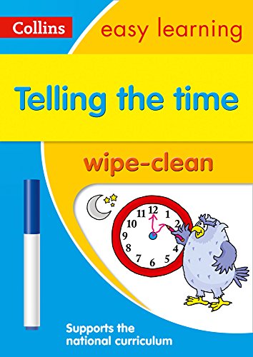 Children’s wipe-clean activity book teaching how to tell time with a clock.