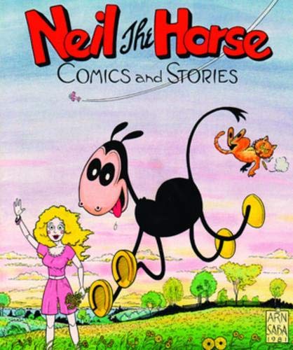 Cartoon horse with a girl and a cat in a colorful landscape.