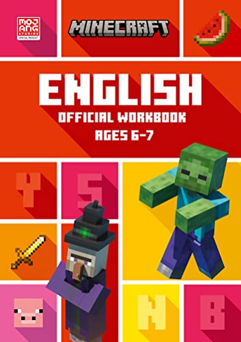 Minecraft English workbook cover for ages 6-7, featuring characters and letters.