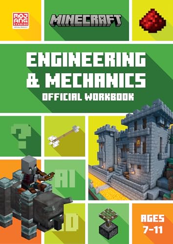 Minecraft workbook cover featuring pixelated builds, engineering concepts, and ages 7-11.
