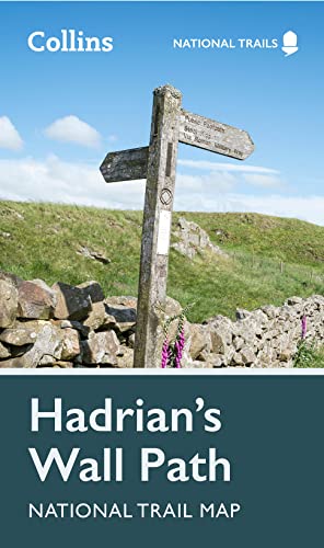 Hadrian’s Wall Path map cover with a wooden signpost in a rural landscape.