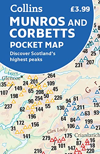 Blue and yellow pocket map of Scottish Munros and Corbetts peaks.