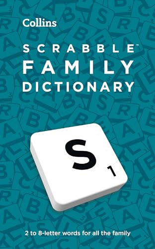 Book cover for Scrabble Family Dictionary with a large letter S tile on teal background.