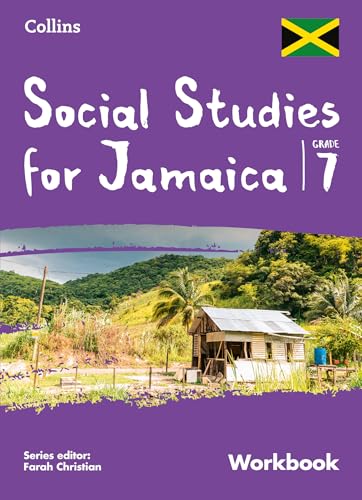 Purple workbook cover for Jamaica Grade 7 Social Studies with landscape photo.