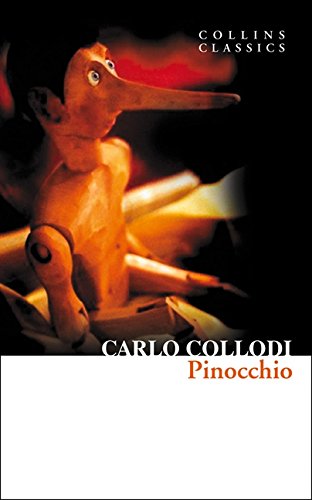 Book cover of "Pinocchio" featuring a wooden puppet with a long nose.
