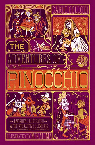 Cover of "The Adventures of Pinocchio" with illustrated panels and text.