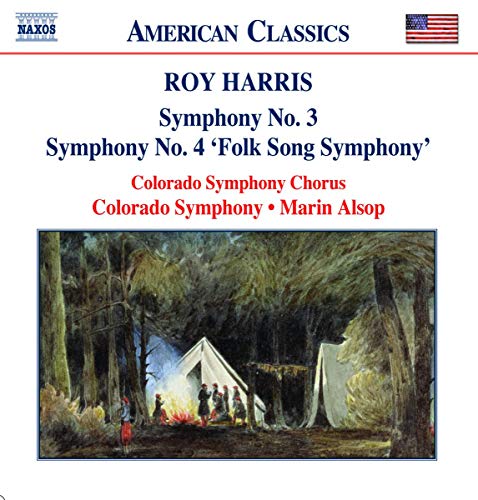 CD cover for Roy Harris symphonies featuring a painting of a campfire and tents.
