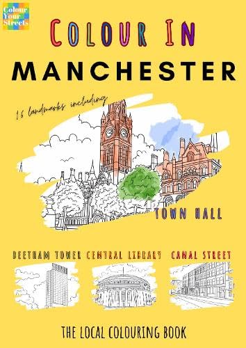 Manchester colouring book cover with sketches of city landmarks.