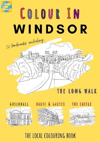 Colouring book cover featuring Windsor Castle and local landmarks in line art.