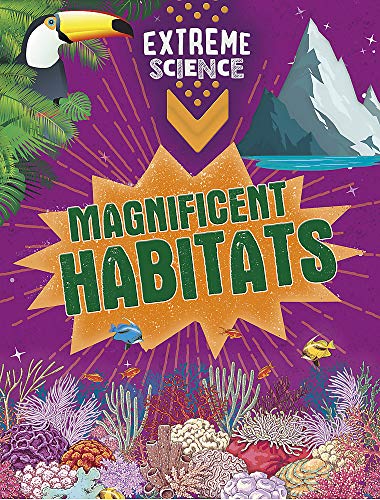 Book cover depicting diverse habitats: rainforest, polar, and coral reef.
