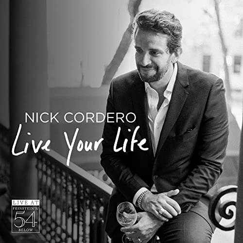 Black and white portrait of Nick Cordero holding a drink, album cover.