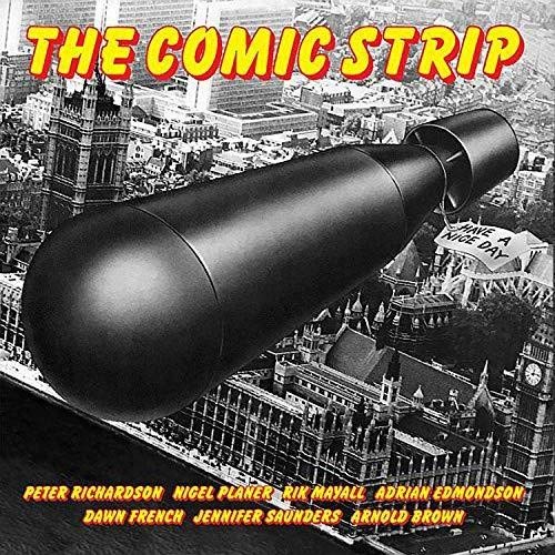 The image depicts the cover art for the album "The Comic Strip" by the band Comic Strip. The cover features a black-and-white illustration of a cityscape with a large, cylindrical object protruding from it, accompanied by the names of the band members in yellow text at the bottom. The title "THE COMIC STRIP" is prominently displayed in bold, yellow letters outlined in red at the top of the image. Alt text: Black cylindrical object over a cityscape with names