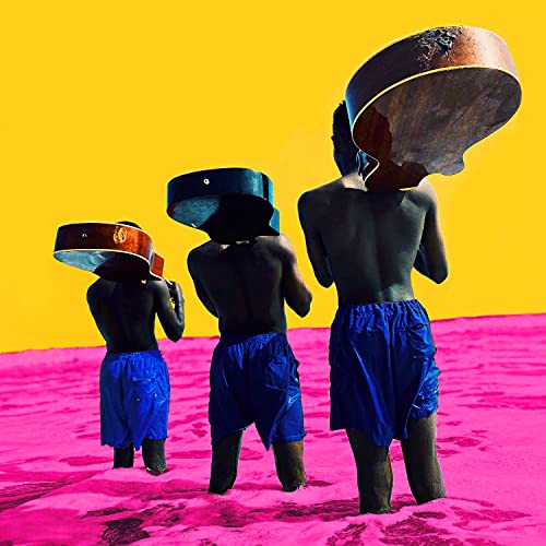 Album cover with three figures carrying large, drum-like objects on their heads.