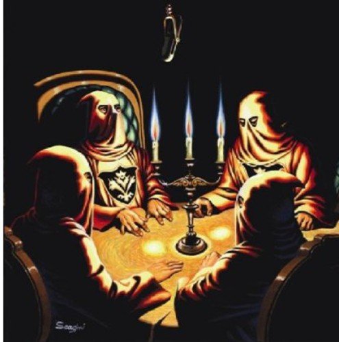 Dark painting of hooded figures around a candlelit table.
