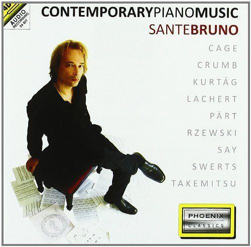 CD cover featuring a man and composers’ names in white text.