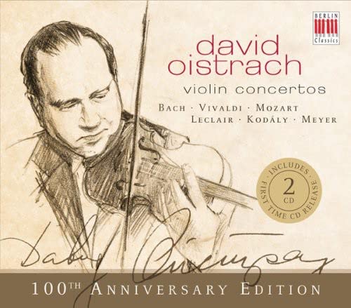 Sketch of violinist David Oistrach with text: "Violin Concertos," "100th Anniversary Edition.