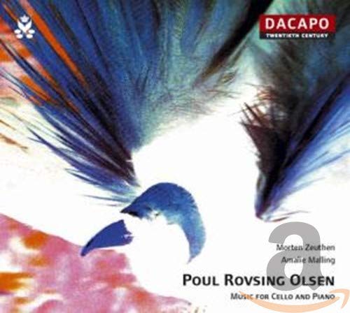 CD cover for "Musica Per Cello E Piano" with abstract blue and orange art.