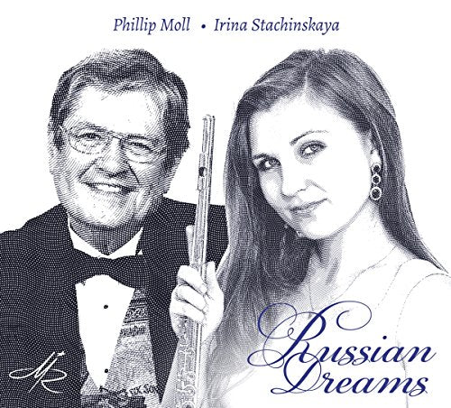 Black and white portrait of a man and woman with a flute, “Russian Dreams” text.