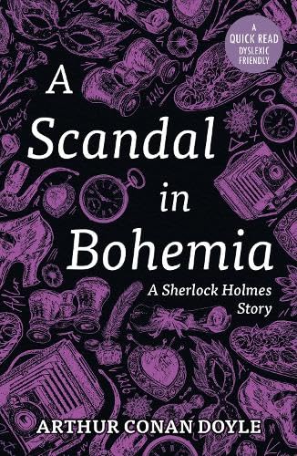 Book cover for A Scandal in Bohemia with purple line art on black background.