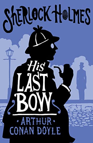 Sherlock Holmes in silhouette, pipe in hand, with a figure in the distance.