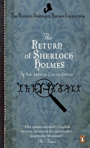 Book cover for The Return of Sherlock Holmes with dancing men and magnifying glass.