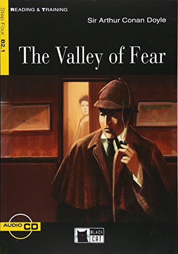 Book cover of "The Valley of Fear" featuring Sherlock Holmes with a pipe.