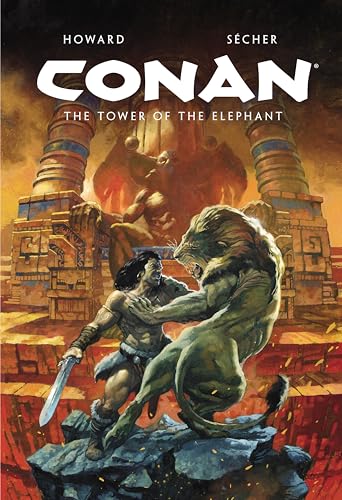 Conan battles a lion before an ancient, ornate tower.