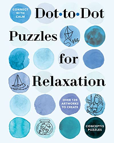Book cover with blue watercolor circles and dot-to-dot puzzle illustrations.