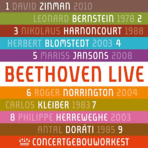 CD cover featuring colorful stacked text listing Beethoven conductors and years.