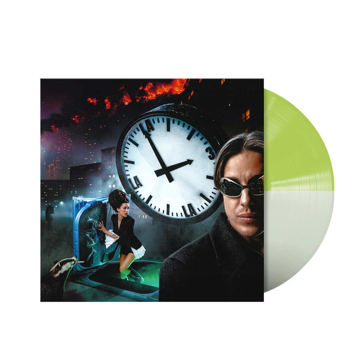 Album cover featuring a man in sunglasses, a clock, and a cityscape.