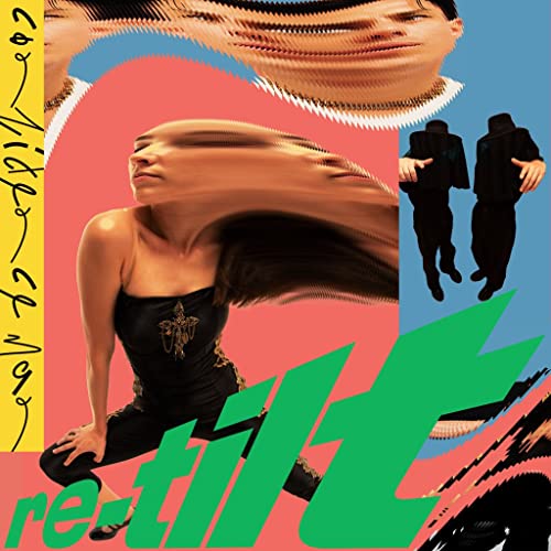 Collage of figures and distorted faces with bright green text "re-tilt".