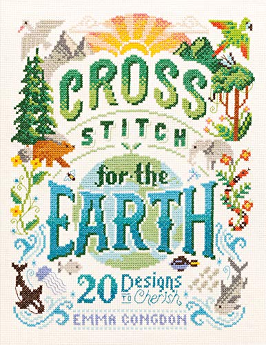 Cross stitch cover art featuring nature motifs, animals, and the title text on fabric.