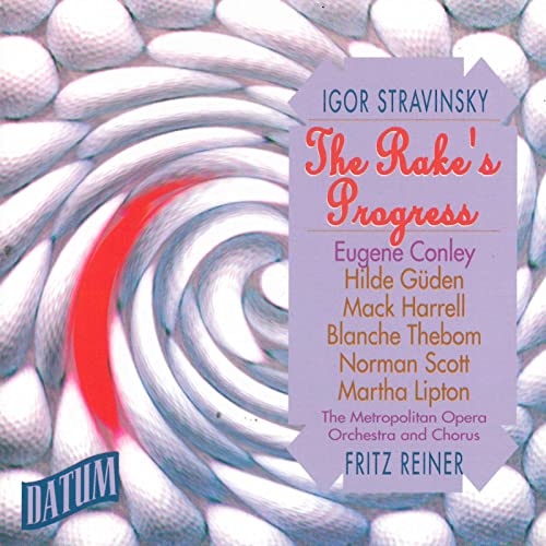 CD cover for Stravinsky's The Rake's Progress with a swirling white and red background.