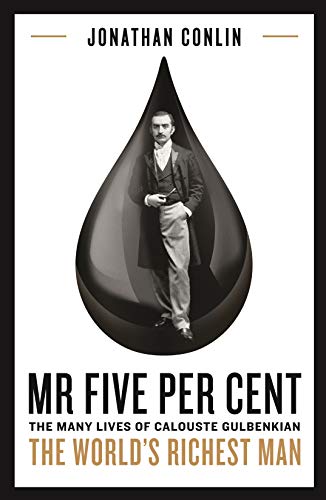 Book cover: portrait of Calouste Gulbenkian inside a dark oil droplet.