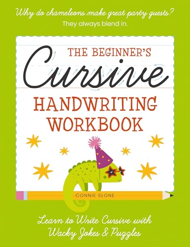 Cursive handwriting workbook cover with a chameleon and party hat.