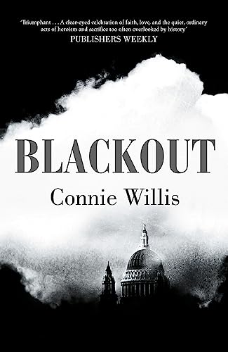 Book cover for "Blackout" by Connie Willis with a cloudy, London cityscape.